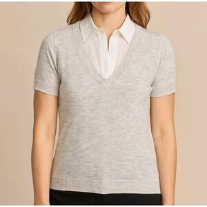 Made In Italy Collared Layered Short Sleeve Vest‎ Blouse Gray Size 40 Or Medium